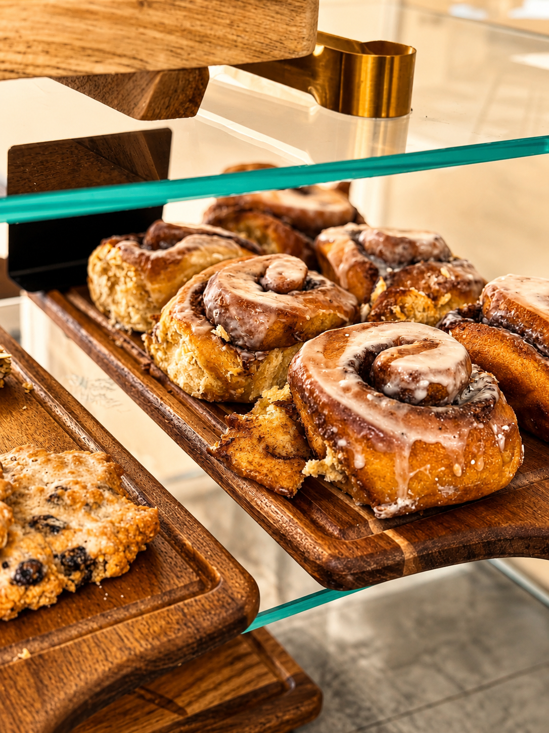 Iced cinnamon buns displayed at The Nook Cafe